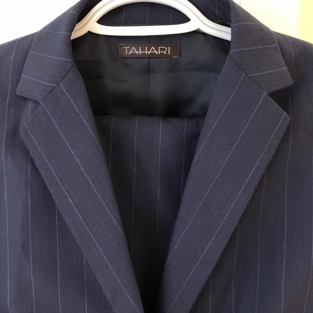 Tahari navy blue striped suit